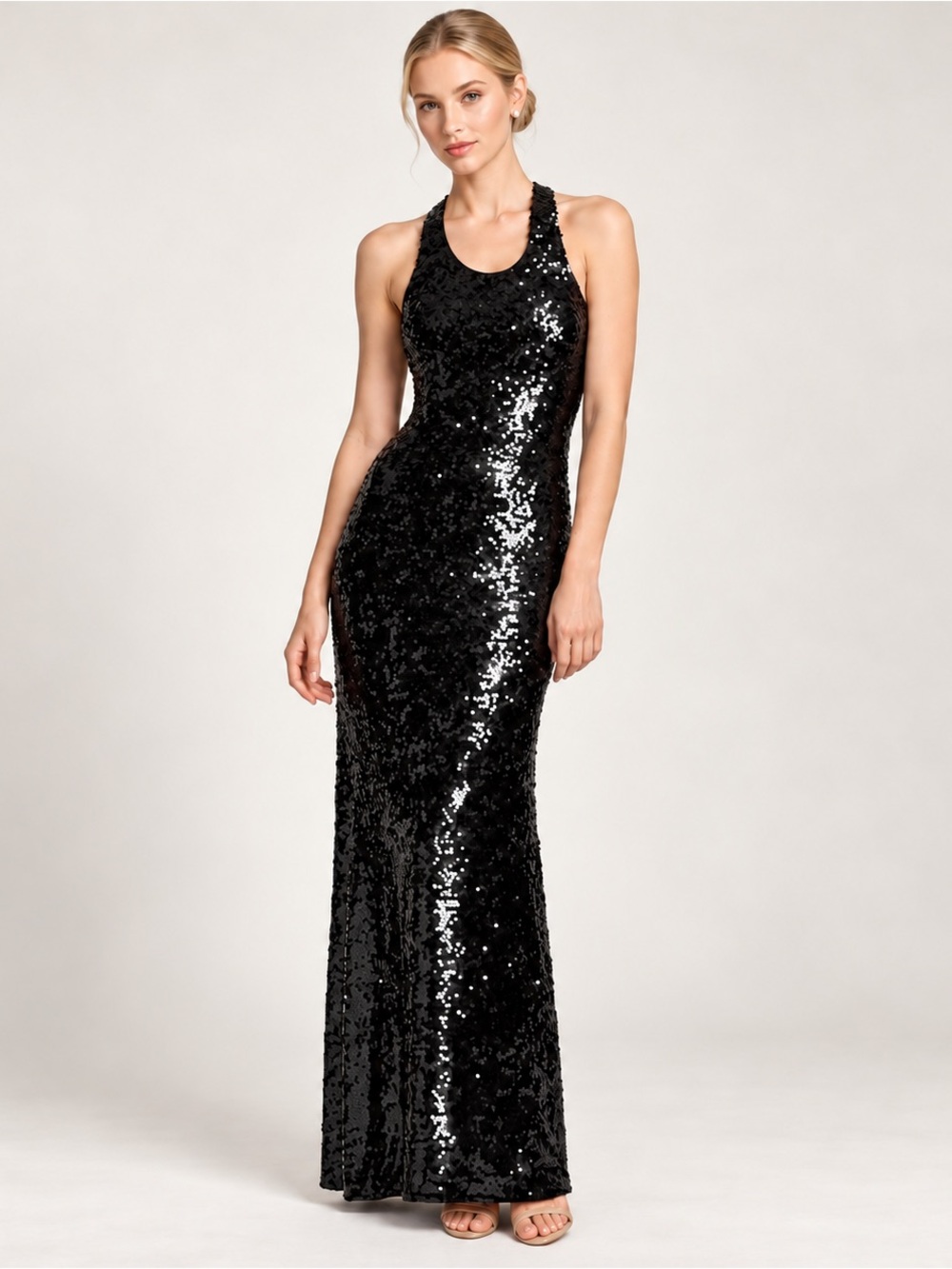 BCBGMAXAZRIA Allure Sequin Cutout Evening Maxi Gown Women’s S